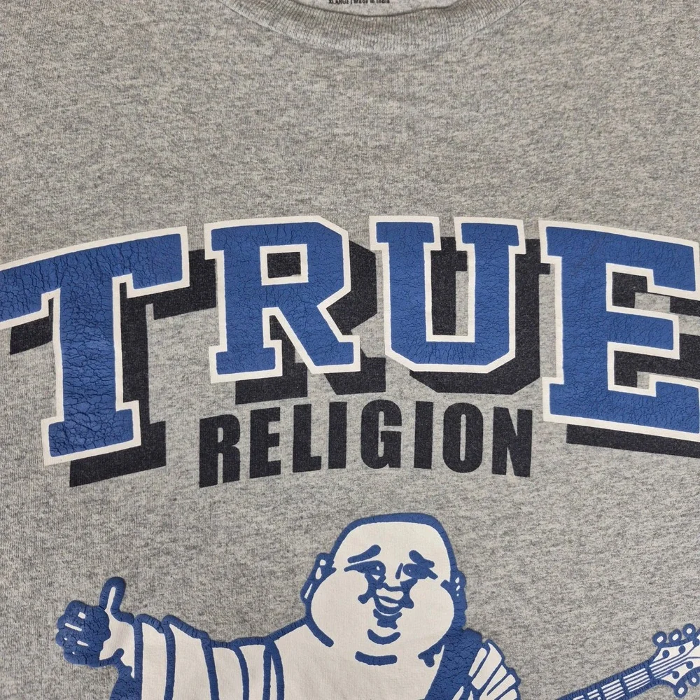 True Religion T-Shirt Mens XL Gray Buddha Guitar Graphic 2002 Short Sleeve Tee